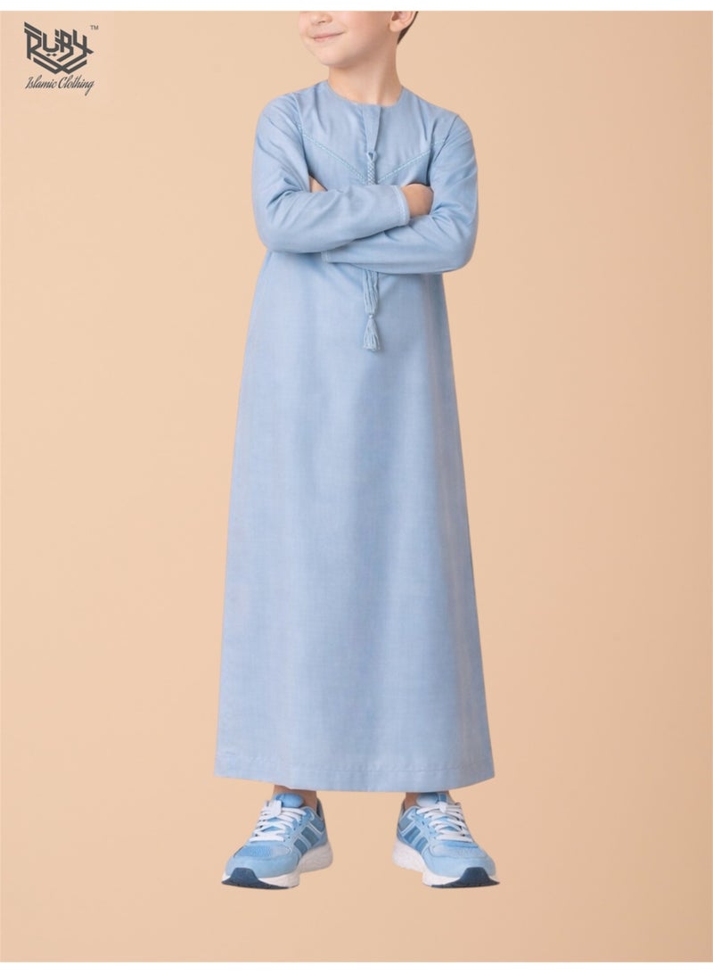 RUBY ISLAMIC CLOTHING Classic Sky Blue Emirati Thobe kandura for Children & kids with Intricate Embroidery kandura Kaftan Round Neck Long Sleeve Saudi Arabian Muslim Robe - Image 3
